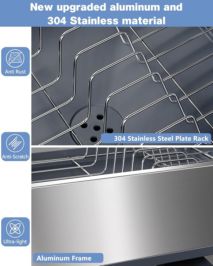 Dish Drying Rack with Drain Board, 304 Stainless Steel Core, Aluminum Rustproof Frame, Anti-Slip Elevated Feet, Removable Adjustable Spout, Utensil Holder, Gray - Image 5