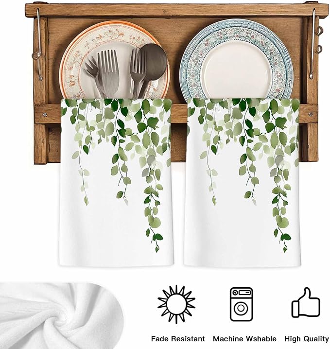 Sage Green Eucalyptus Kitchen Towels Set of 1, Absorbent Dish Towels for Kitchen, Spring Summer Botanical Plants Chic Microfiber Hand Towel, Quick Drying Tea Towel for Cleaning Decorative Dishcloths - Image 5