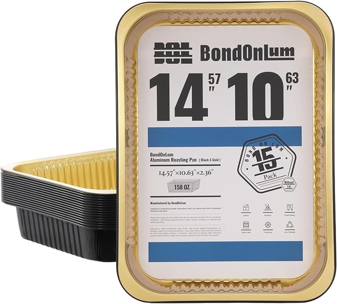 Aluminum Foil Pans, Heavy Duty Disposable Aluminum Baking Pans | 14.57"×10.63" Steam Table Pans for Cooking, Heating, Storing, Prepping Roasting and Chafing (15 Pack Black and Gold) by BondOnLum