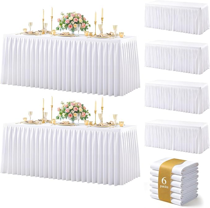 White Polyester Table Cloths for Rectangle 6 Foot Tables, 6 Pack Wrinkle Free Tablecloths Stretchy Banquet Ruffle Fitted Table Cover Desk Skirt for Parties Wedding Birthday Baby Shower by Unknown