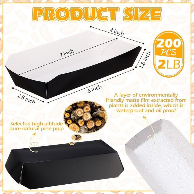 Rtteri 200 Pcs 2lb Paper Food Tray Disposable Food Boats Hot Dog Tray 7 Inch Nacho Trays Take out Food Serving Trays for French Fries, Tacos, Hot Dog, Corn, BBQ Festival Party Supplies (Black) - Image 2