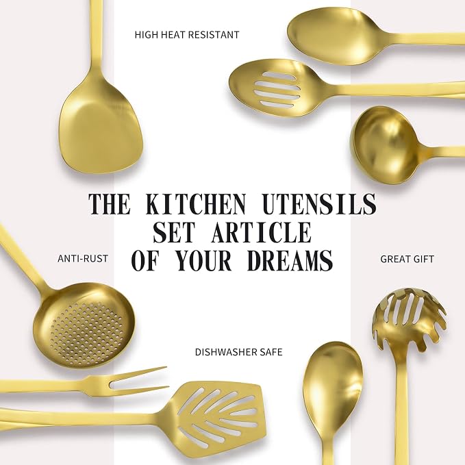 304 Stainless Steel Kitchen Utensil Set - 9pcs Cooking Utensils, Metal Kitchen Utensil Spatula Sets Cookware,High temperature resistance Kitchen Tool Set for Hanging Dishwasher Safe（Gold） - Image 3