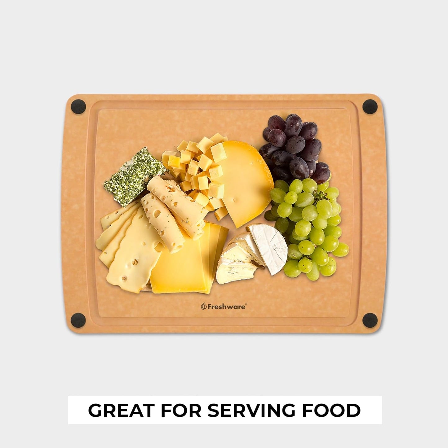 Freshware Wood Cutting Board for Kitchen, Juice Groove, Non-Slip Silicone Feet, Dishwasher Safe, Medium, 12" x 9", Natural