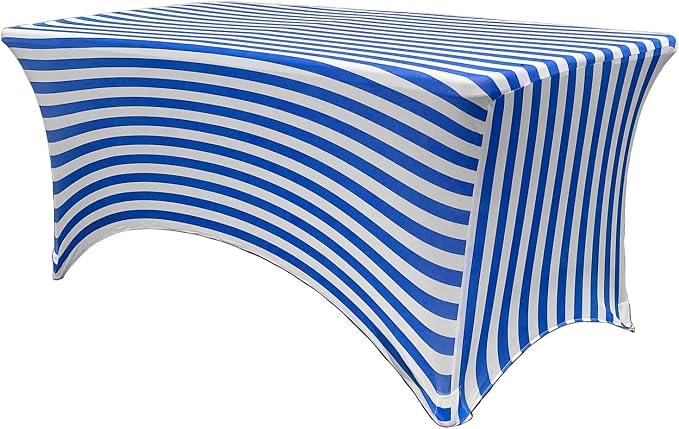 YOUR CHAIR COVERS - 6ft Royal Blue & White Striped Rectangular Spandex Table Covers Fitted Tablecloth for Wedding Event Patio Decorations Elastic Fabric Stretch for Folding Table by YourChairCovers