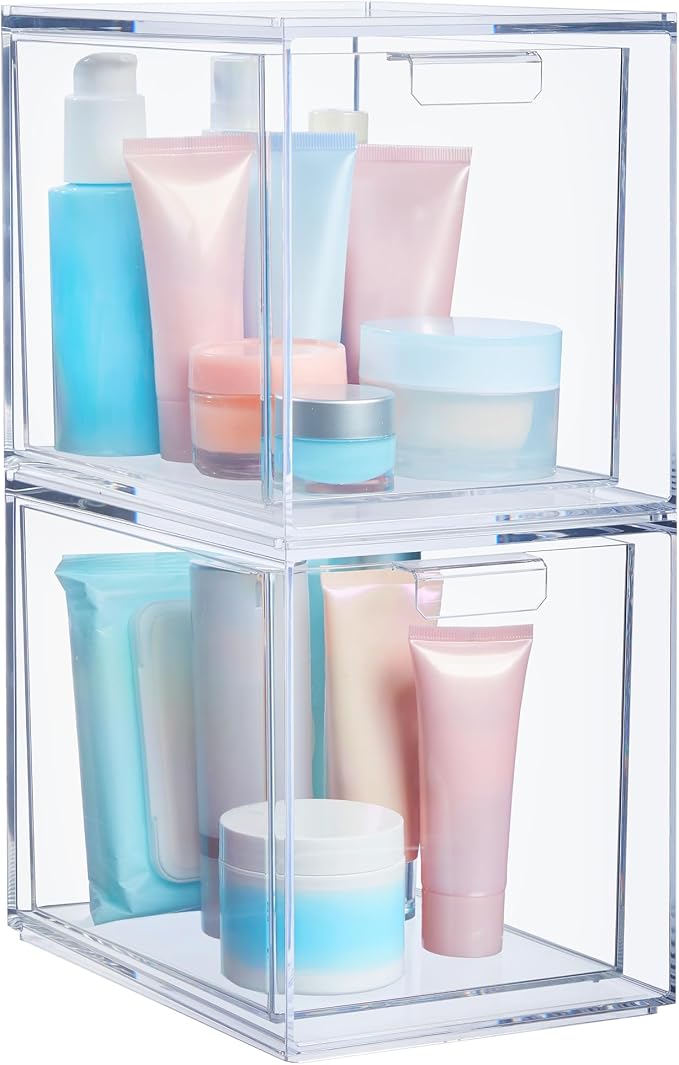 STORi Audrey Stackable Bin Clear Plastic Organizer Drawers | 2 Piece Set | Organize Cosmetics and Beauty Supplies on a Vanity | Made in USA by STORi