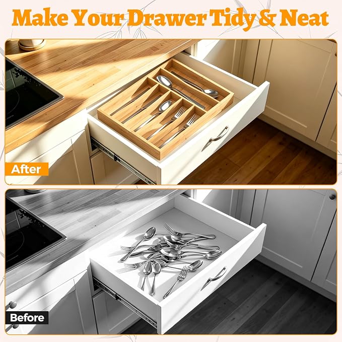 Bamboo Silverware Drawer Organizer, 7 Slots Kitchen Drawer Tray | Bamboo Kitchen Drawer Cutlery Organizer, Utensil Holder, Flatware Organizer Tray (11.8"x15.7"x1.7"), Natural - Image 4