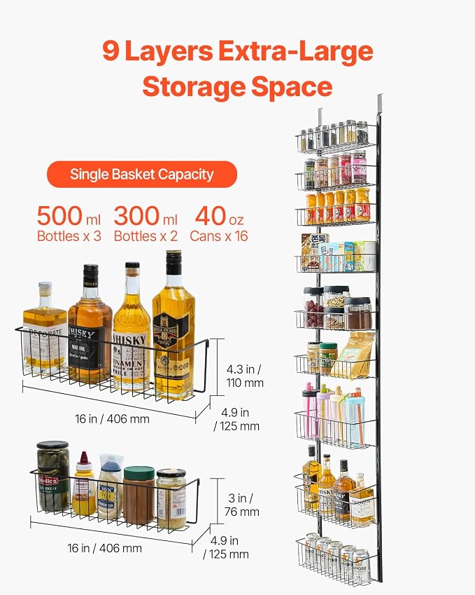VEVOR Over the Door Pantry Organizer, 9-Tier Pantry Organization and Storage, Heavy-Duty Steel Hanging Spice Rack, Adjustable Wall Seasoning Shelves, for Home Kitchen Laundry Room Bathroom, Black - Image 5