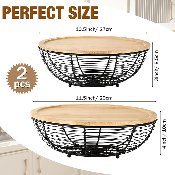 2 Set Stackable Fruit Basket with Bamboo Lid 11.5 &10.5 Inch Black Metal Wire Large Fruit Bowl for Kitchen Counter Pantry Organizer and Storage for Veggie, Snacks - Image 2