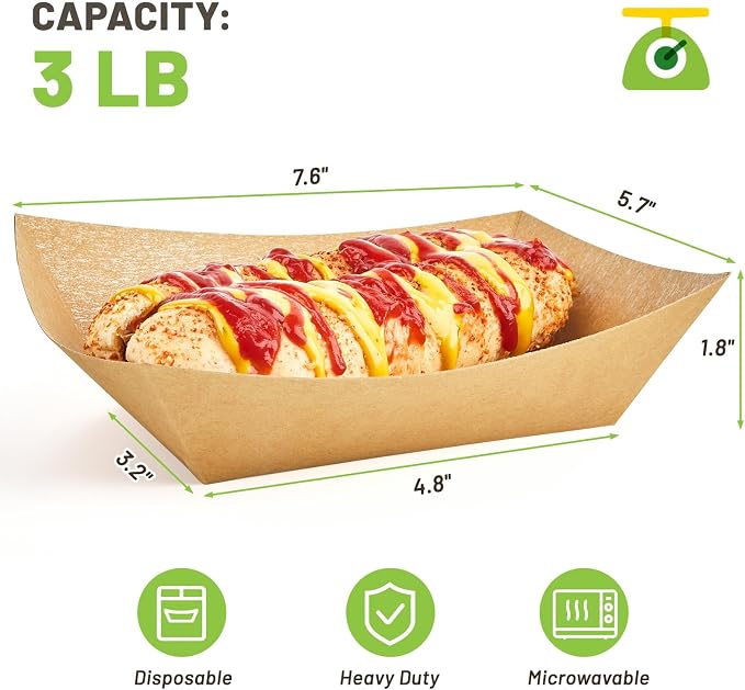 ZORRITA 50 Pack 3 Lb Paper Food Trays | Disposable, Kraft Paper, Nacho Trays, Food Boats, Taco Holders, Party Serving Baskets, For Hot Dogs Snacks Tacos Fries - Image 2