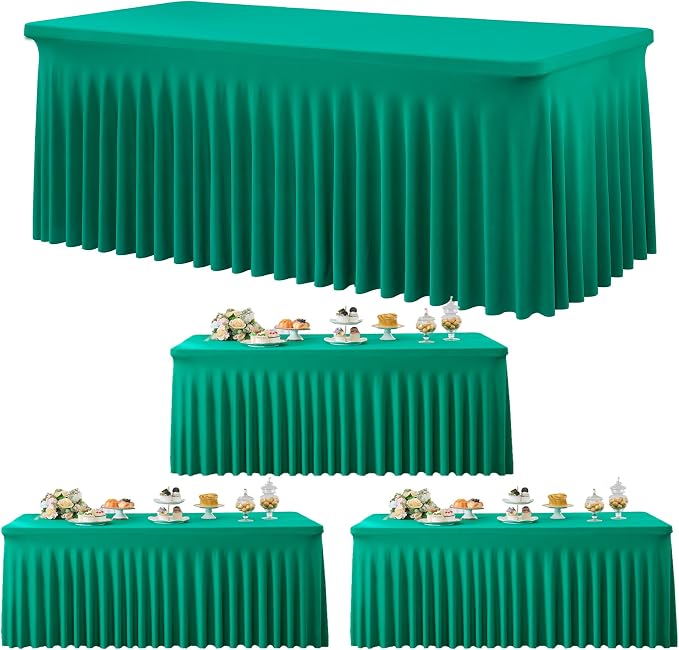 3 Pack Emerald Green Spandex Tablecloth for 6 Foot Rectangle Tables, Wrinkle Free Fitted Table Cloth Cover 6ft Green Stretchy Tablecloths with Skirt for Parties Weddings Birthday Banquet Baby Shower by Htper
