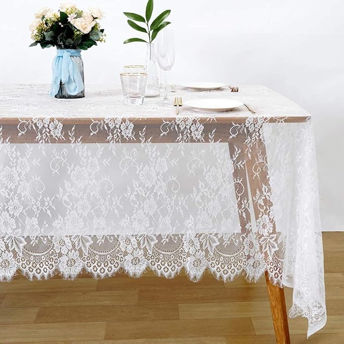 LuoluoHouse 2 Pack 60 x 120 Inch White Lace Rustic Table Cloths Vintage - Image 4