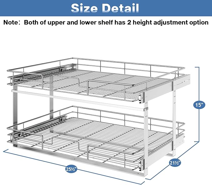 LOVMOR 2 Tier Individual Pull Out Cabinet Organizer 25½" W x 21½" D, Slide Out Kitchen Cabinet Storage Sliding Shelves - Image 3