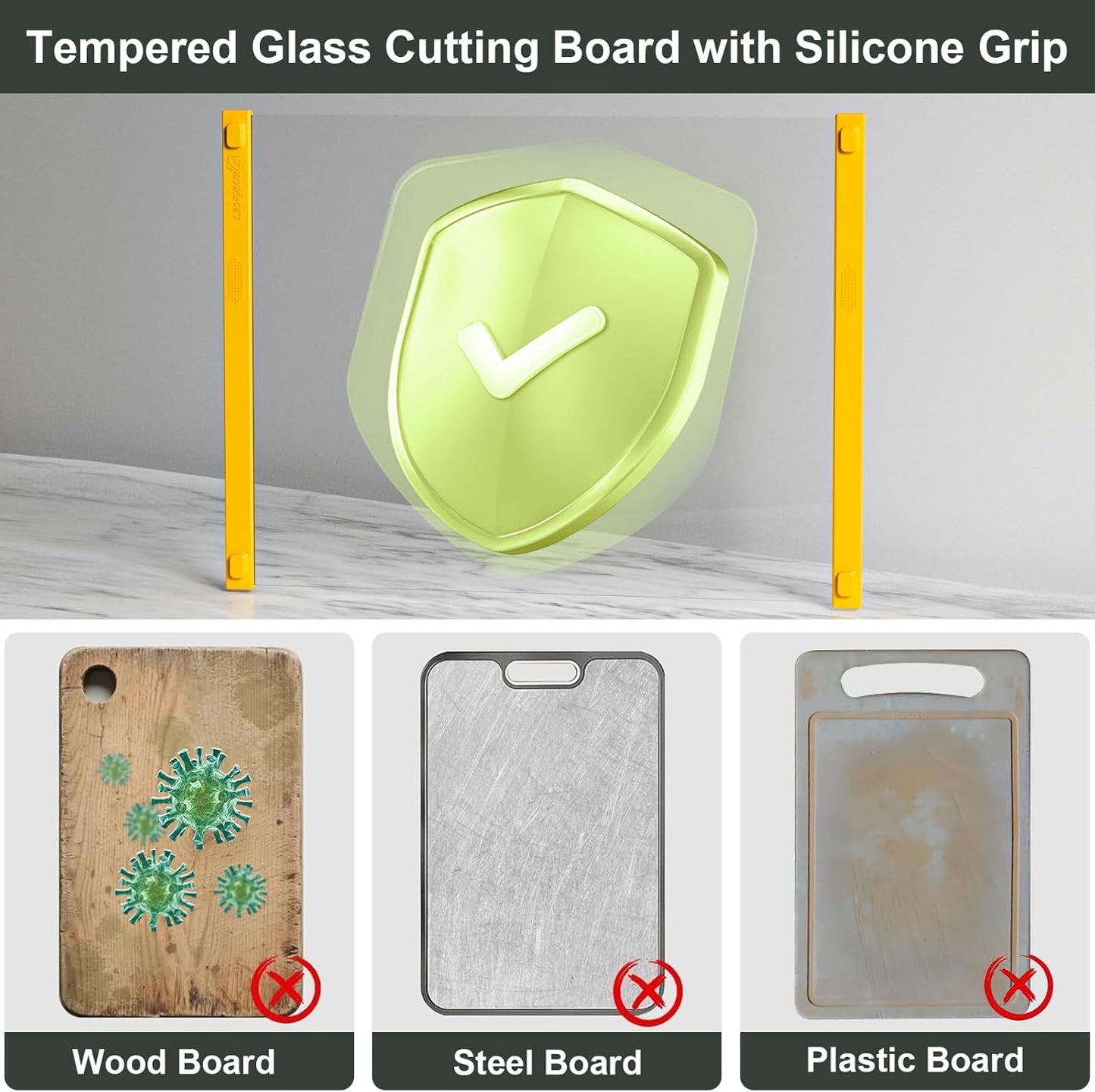 Small Tempered Glass Cutting Board for Kitchen with Rubber Handle Dishwasher-Safe Cutting Board Non Anti slip Easy to Grip, Easy to Clean-Cheese Board,Serving Tray,Hot Pot Mat(Yellow-12*8")