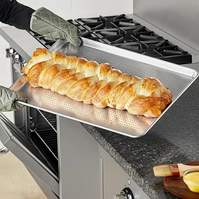 Full Size Aluminum Baking Sheet Pan with Holes (18 x 26 Inch), Set of 3 Commercial Bakery Tray, Crisping & Even Baking, NSF Grade, Wire Rim, Stackable (3, Full Size 18" x 26" inches) - Image 2