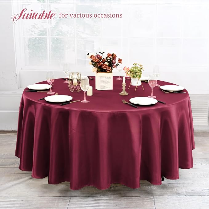 12 Pack 120 Inch Round Satin Tablecloth, Burgundy - Image 8