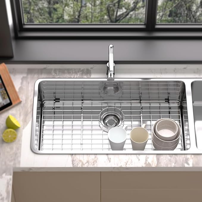 Large Sink Rack,Sink Protector for Kitchen Sink,27.6"L×14.6"W,Stainless Steel Sink Grid for Bottom of Sink,Metal Sink Grate with Rear Drain for Single Bowl,1 pack - Image 2