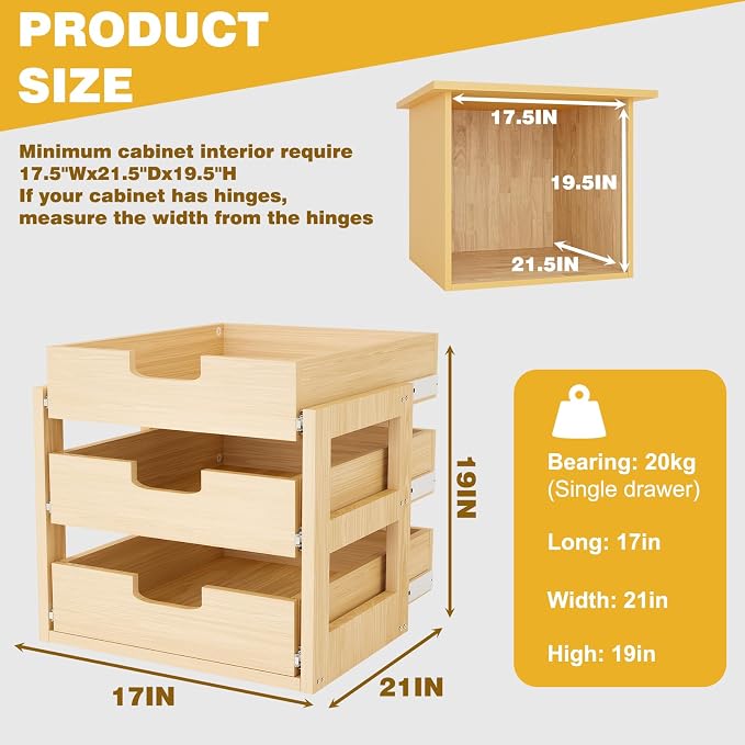 Pull Out Cabinet Organizer, 17''W×21''D×19''H Soft Close Slide Out Wooden Pull out Drawers, Three Tier Slide out Wood Cabinet Organizer, for Base Cabinet Organization in Kitchen, Pantry, Bathroom - Image 2