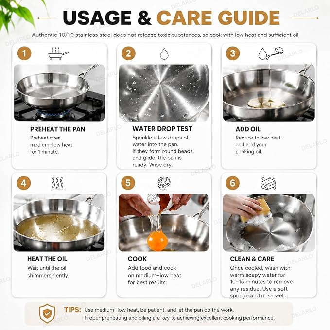 DELARLO Tri-Ply Stainless Steel Pan,18/10, 12"+Lids - Image 3
