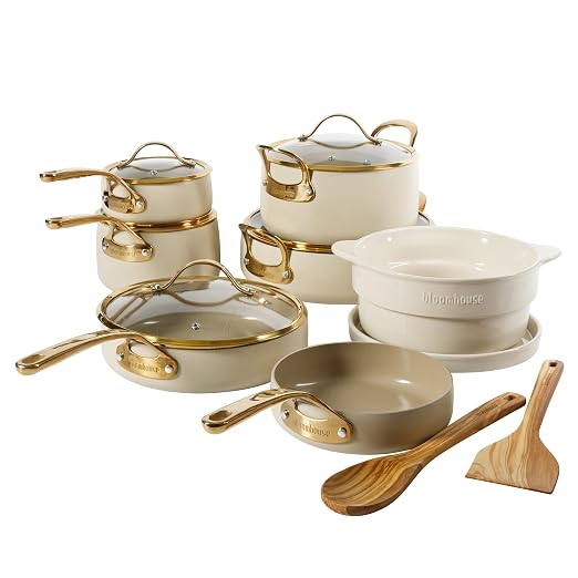 Bloomhouse 15-Piece Ceramic Nonstick Cookware Set, Two Time Oprah's Favorite Things, Heavy-Gauge Aluminum Pots and Pans Set, PFAS & PFOA & PTFE Free Ceramic Cookware, Oven Safe to 500°F, Almond Cream by Unknown