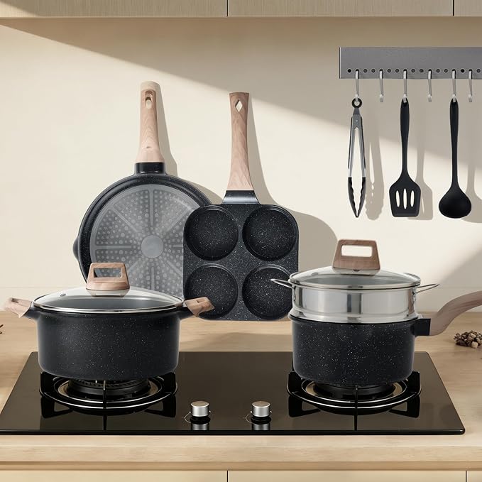 NEWBULIG 25-Piece Nonstick Cookware Set, Granite Coating, Induction, Black - Image 8