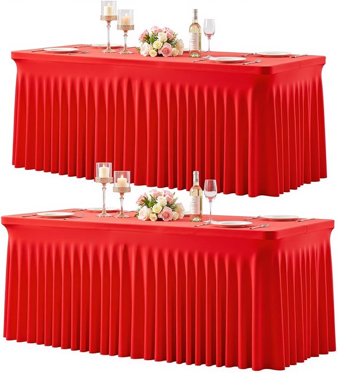 2 Pack Red Table Cloth for 6 Foot Rectangle Tables Spandex Fitted Tablecloth 6ft Stretch Table Covers Skirt Red Banquet Tablecloths Wrinkle Free Tablecloth for Party Wedding Birthday Event by Tao-GePartyDecorations