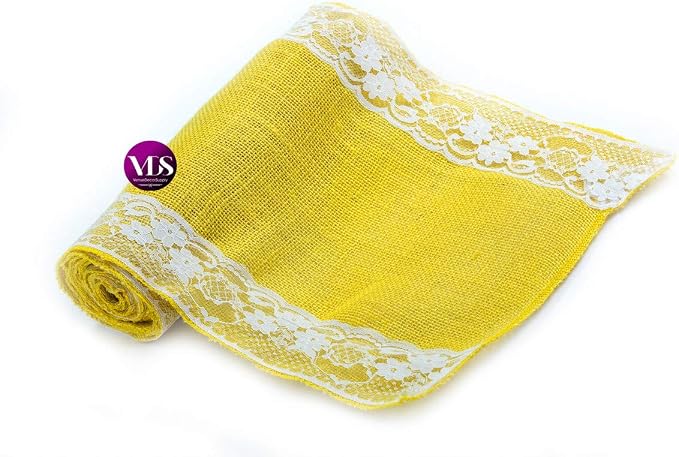 VDS Pack of 15, Burlap Table Runner with White Lace Edge, 100% Natural Jute Rustic Hessian Table Cloth Centerpiece for Wedding Birthday Party Banquet Table Decoration (Size 12X108 Inch)(Yellow) - Image 3