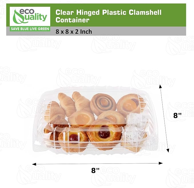 EcoQuality Clear Hinged Lid Clamshell Plastic Container 8 x 8 x 2 inches - Single Compartment Take out Containers for Salad, Pastry, Cake for Restaurants and Food Industry (100) - Image 3