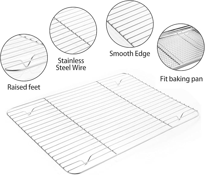 Stainless Steel Baking Sheet Tray Cooling Rack with Silicone Baking Mat Set, Cookie Pan with Cooling Rack, Set of 9 (3 Sheets + 3 Racks + 3 Mats), 10/12/16 Inch, Easy Clean (Pack of 2) - Image 4