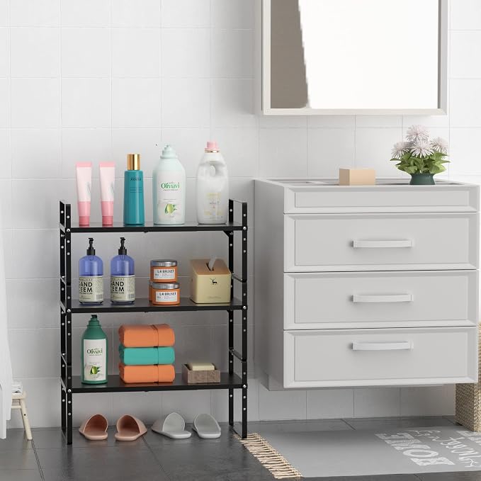 iPEGTOP Expandable Cabinet Storage Shelf Organizer Rack, Heavy Duty Cupboard Stand Spice Rack Adjustable Height Pantry Garage Shelf Space Riser for Counter Kitchen Organization, Black, 1 Pack - Image 7