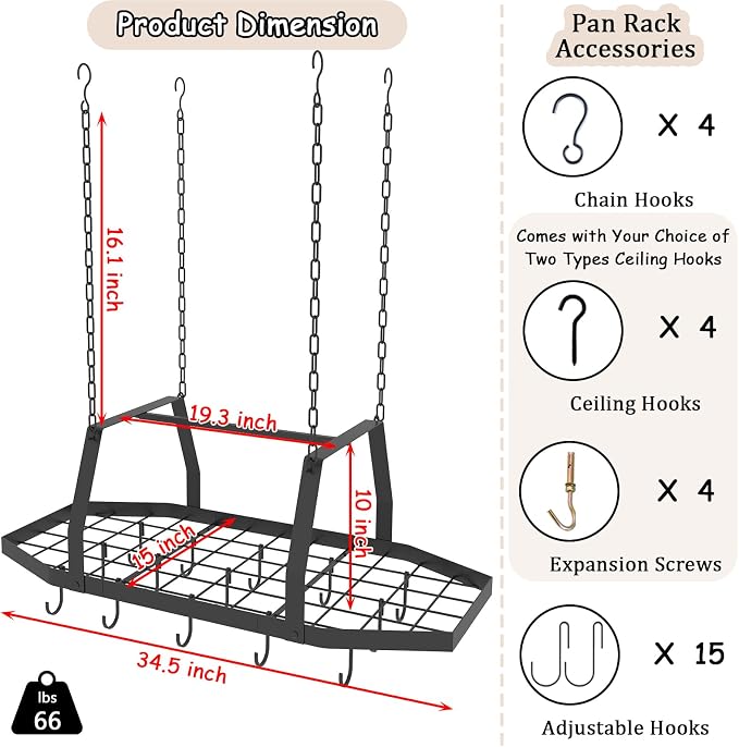 Hexagon Ceiling Pot Rack Hanging Pan Rack Hanging with 15 Hooks | 34" Metal Hanging Pots and Pans Ceiling Mount Organizer Rack, Pot and Pan Hangers for Kitchen Cookware Utensils - Image 3
