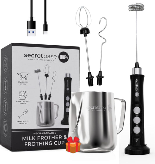 Secretbase 3 Speed Rechargeable Milk Frother and Cup Set, Cordless USB Charging Cradle - Handheld Milk Frother, Double-thickness Whisk, Tiny Egg Beater, Mini Electric Coffee Stirrer(Black)