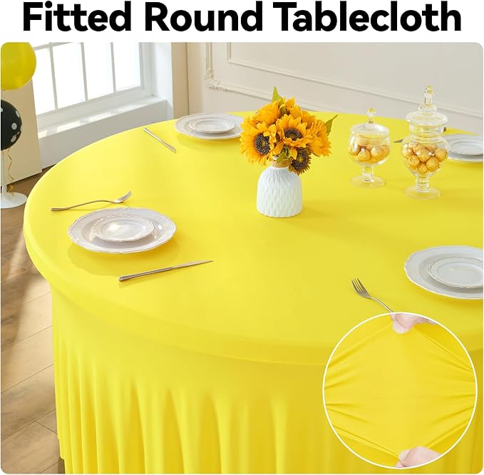 leegleri 6 Pack 60Inch Yellow Spandex Round Tablecloths, Stretchy 120inch Fitted 5FT Round Table Cloths, Wrinkle Free Table Cover with Skirt for Wedding Party Dining Banquet - Image 2