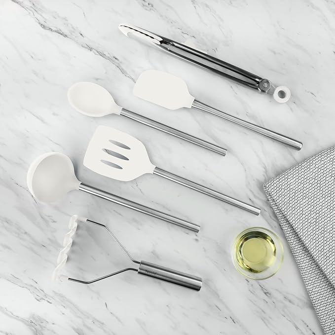 Tovolo Silicone Cooking Utensil Set of 6 Stainless Steel Handle Ladle Slotted Turner Tongs Flex Core Spatula Scraper Mixing Spoon & Potato Masher, Dishwasher Safe BPA Free Utensils, White - Image 4