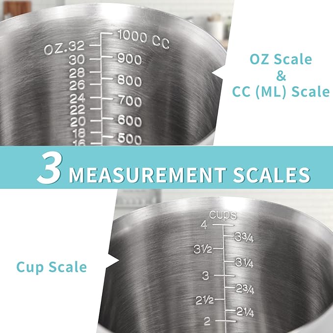 Measuring Cup, [Upgraded, 3 Measurement Scales, Including Cup Scale, ML Scale, Ounce Scale], Newness Stainless Steel Measuring Cup with Marking with Handle, 32 Ounces (1.0 Liter, 4 Cup) - Image 2