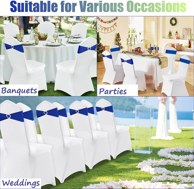 Royal Blue Chair Sashes 25 Pack Spandex Blue Sashes for Chairs Covers Universal Stretch Chair Sashes Band with Heart Buckle Slider for Wedding Banquet Party Decorations - Image 7