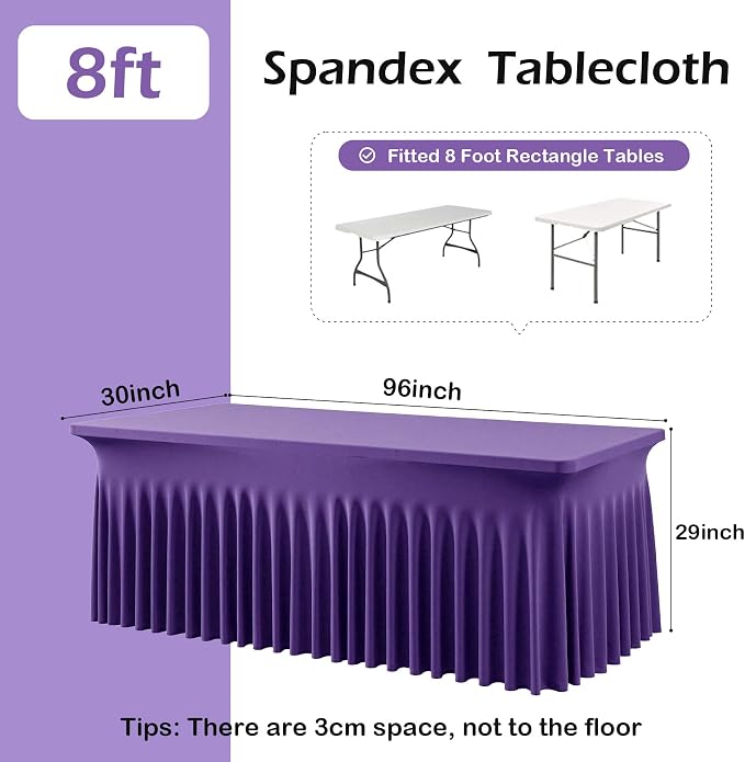 NSSONBEN 2 pk Purple Spandex Tablecloth for 8 Foot Rectangle Tables,Wrinkle Free Fitted Spandex Table Covers 8ft Stretch Table Cloths with Ruffle Skirt for Parties Weddings Banquet Baby Shower - Image 4