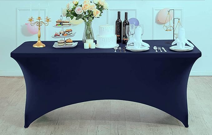 MDS® Pack of 12 Spandex Tablecloth 8FT Tight Fitted Stretch Table Cover – Washable Wrinkle-Free Reusable Elastic Patio Tablecloth for Wedding, Party, Banquet, Trade Show, Event Décor - Navy Blue - Image 3