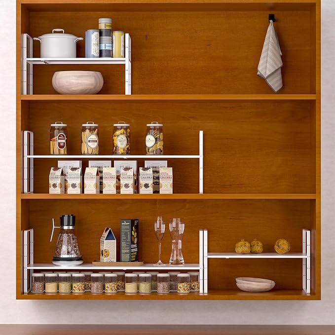 iPEGTOP Expandable Cabinet Storage Shelf Organizer Rack, Heavy Duty Cupboard Stand Spice Rack Adjustable Height Garage Pantry Shelf Space Riser for Counter Kitchen Organization, White, 3 Pack - Image 6