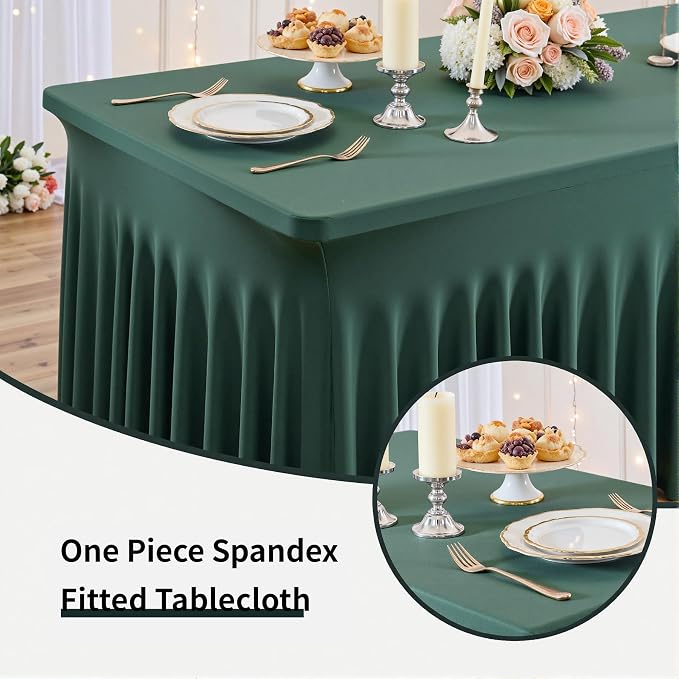 Spandex Tablecloth 6FT Rectangle Table Cover 6Pcs Hunter Green Wrinkle-Free - Image 3