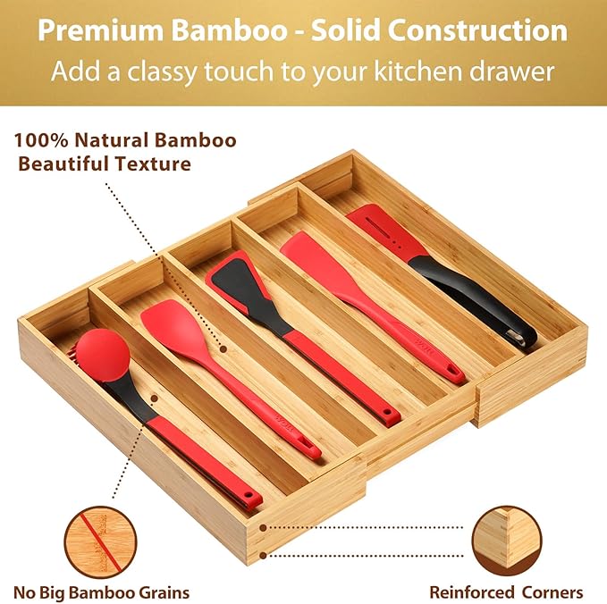 Umilife Expandable Kitchen Drawer Organizer, 2.5" High Bamboo Utensils Silverware Tray, Adjustable Large Deep Wood Organization Holder - Image 3