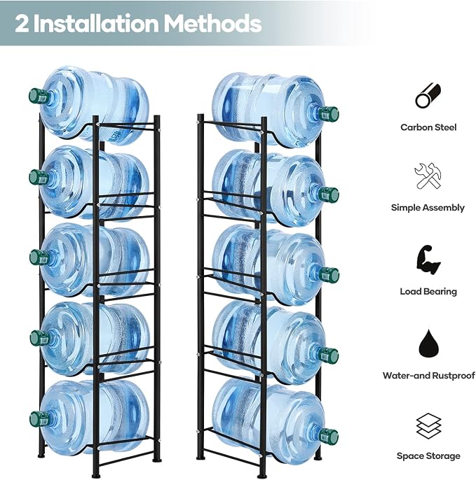 MOOACE 5 Gallon Water Jug Holder, 5 Tier Water Cooler Jug Rack, Black | Heavy Duty Water Bottle Holder Organizer, Detachable Water Dispenser Rack for Kitchen, Living Room, Office - Image 3