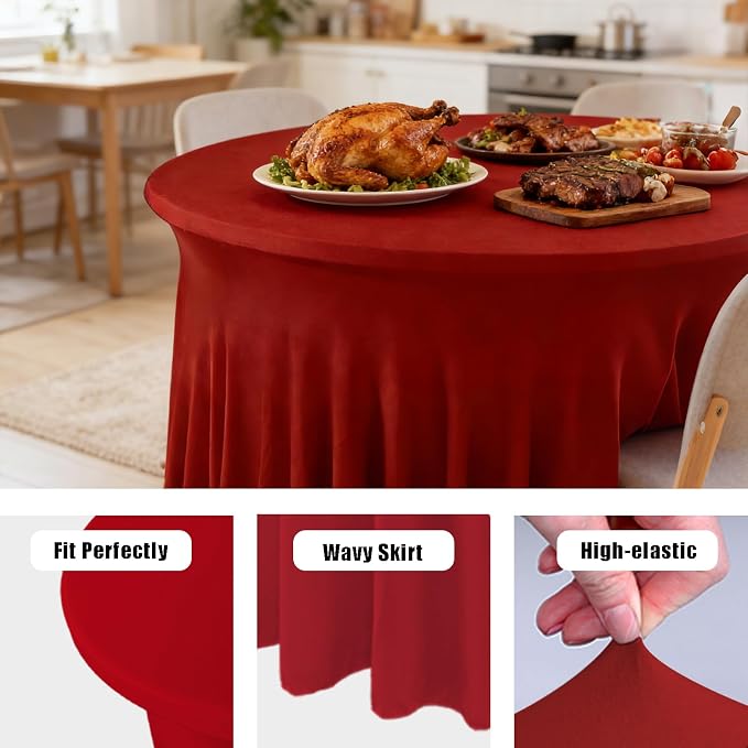 10 Pack Red Spandex Round Tablecloths for 60inch Tables, 120 Inch Stretchy 5ft Round Fitted Tablecloth Wrinkle Free Washable Table Cloths Table Covers with Skirt for Wedding Party Birthday Banquet - Image 4
