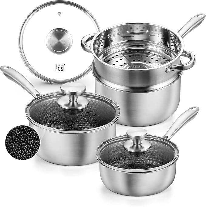 KOCH SYSTEME CS Hybrid Nonstick Stainless Steel Saucepan Set with Steamer Insert, 7PCS Triply Stainless Steel Pot Set 1Qt, 2Qt & 3Qt, 18/10 Steel Sauce Pan Set with Lids, Induction & Oven Safe by KOCHSYSTEMECS