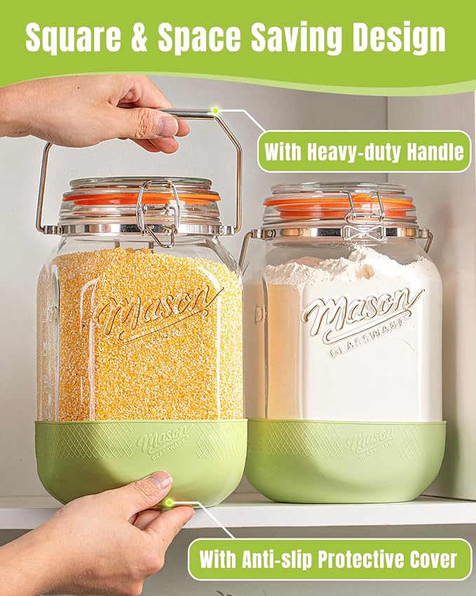 1 Gallon Glass Jars with Lids, Large Mason Jars with Handle & Silicone Base | 2 Pack Wide Mouth Mason Jars, Airtight Seal, Glass Storage Container for Sun Tea, Pickling, Flour Sugar, Kombucha - Image 7