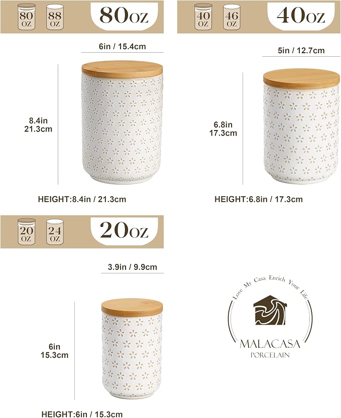 MALACASA LYDIA Ceramic Canisters Set with Airtight Lids, 80/40/20 oz Coffee Canisters Sets for the Kitchen, Large Jars for Flour, Sugar, Pasta, Coffee, Cookies, Tea - Set of 3, Five-Leaf Grass - Image 2