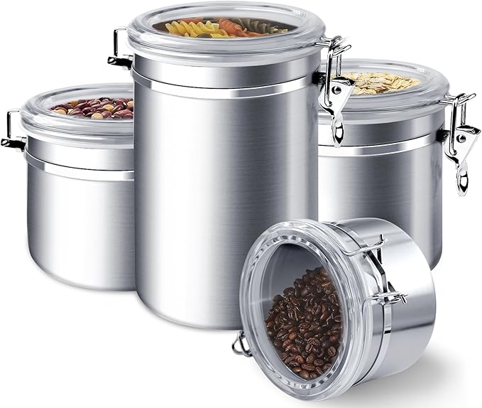 ENLOY 4-Piece Stainless Steel Airtight Food Storage Canister Set with Lid | Food-grade Stainless Steel Food Containers Set with Clear Lid for Sugar, Flour, Tea, Candy, Cookie, Spice, 28/32/38/65oz by ENLOY