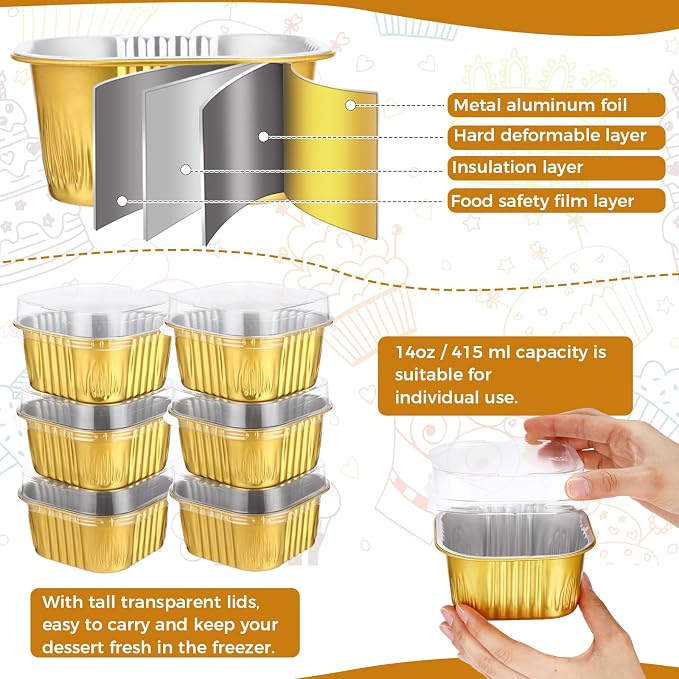 100 Pcs 14 oz Mini Cake Pans with Lids Square Aluminum Pans Aluminum Foil Baking Cups 4" x 4" Muffin Large Cupcake Cups Baking Tins for Party Bakery Kitchen Brownie Desserts(Gold) - Image 6