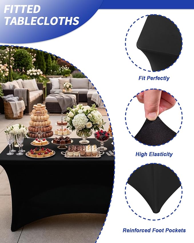 Fixwal 6 Pack Black Spandex Tablecloth 8 Foot Fitted Table Cover - Image 4