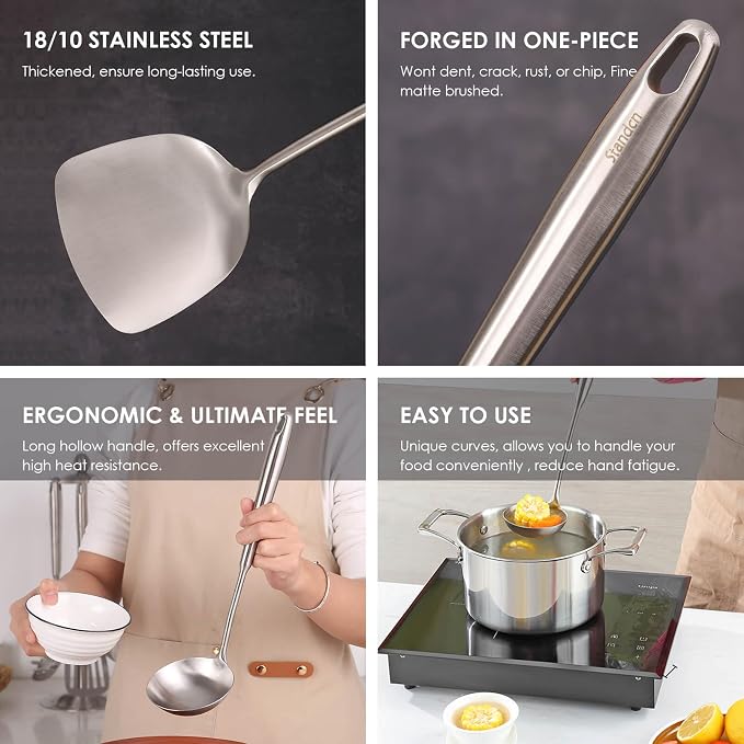 6 PCS All Metal Cooking Utensils Set - 18/10 Stainless Steel Kitchen Tools | Professional Cooking Spoons Set, 15" Spatula, Ladle, Skimmer Spoon, Pasta Serve, Large Spoon, Slotted Spatula Turner - Image 3