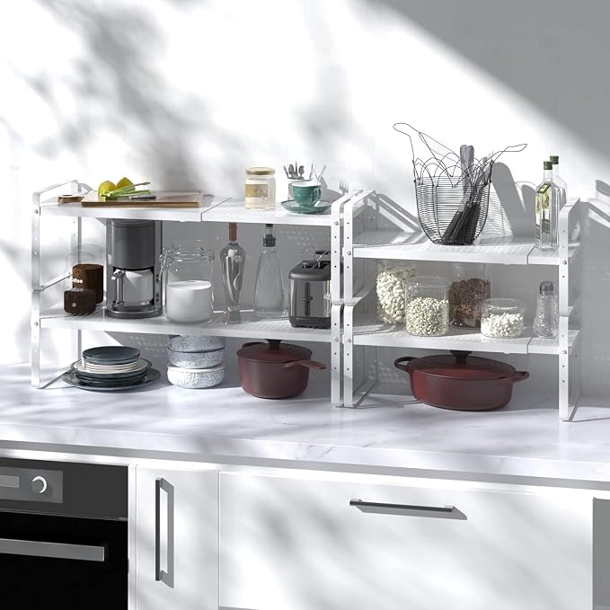 Expandable Cabinet Shelf Organizer Adjustable Metal Spice Rack Stackable Freestanding Counter Storage Shelves for Kitchen Cabinet Under Sink Office Desk (White - 3Pack - L16.5-27'' * W10.2'' * H9.6'') - Image 3